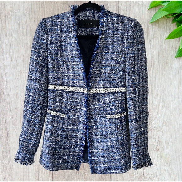Zara Basics Trendy Blue and White Tweed Blazer with Pearl Trim Size XS - Picture 7 of 17